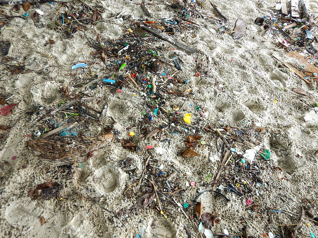 Muito lixo plástico no final da Praia do Sul